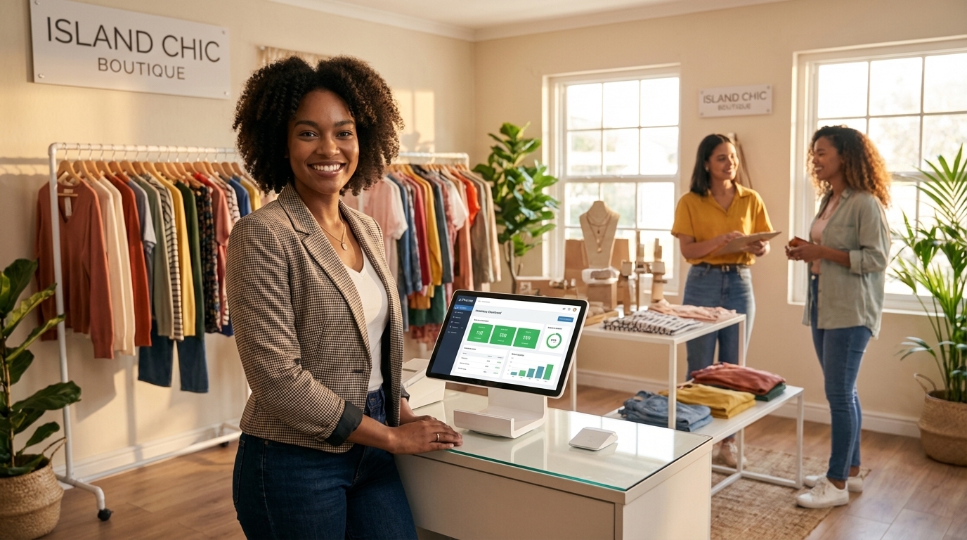 Business owner reviewing connected inventory records