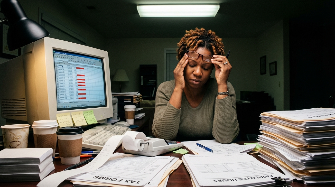 Business owner overwhelmed by manual payroll processing